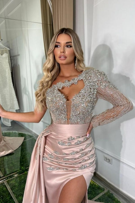 Beautiful Long Pink Mermaid One-Shoulder Long Sleeve Glittering Prom Gown with Slit