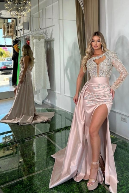 Beautiful Long Pink Mermaid One-Shoulder Long Sleeve Glittering Prom Gown with Slit