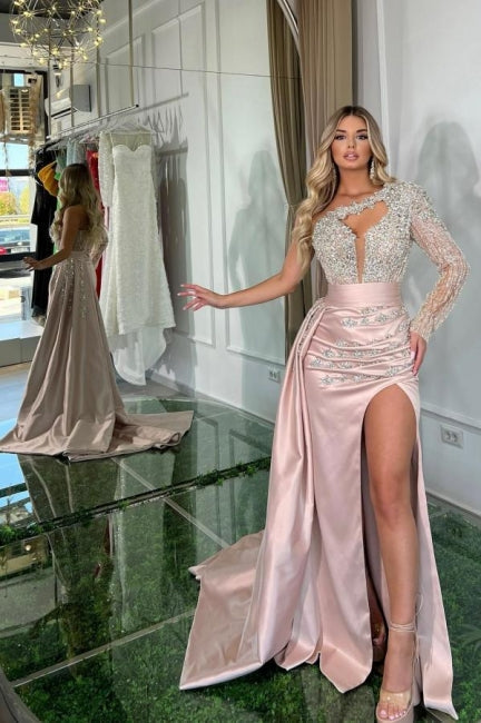 Beautiful Long Pink Mermaid One-Shoulder Long Sleeve Glittering Prom Gown with Slit