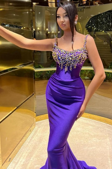 Beautiful Long Purple Mermaid Sleeveless Glittery Prom Dress - Fashionpara