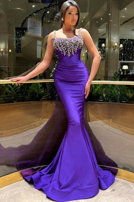 Beautiful Long Purple Mermaid Sleeveless Glittery Prom Dress - Fashionpara