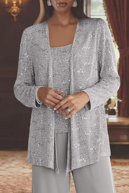 Beautiful Long Silver Sequined Lacy Jacket Dress for the Mother of the Bride