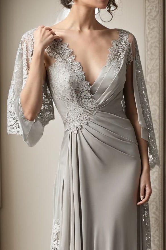 Beautiful Long Silver V-neck Mother of Bride Satin Dress with Lace Accents