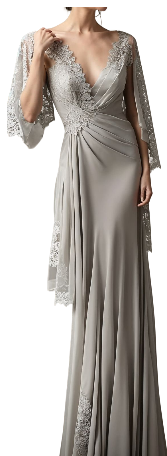 Beautiful Long Silver V-neck Mother of Bride Satin Dress with Lace Accents - Fashionpara