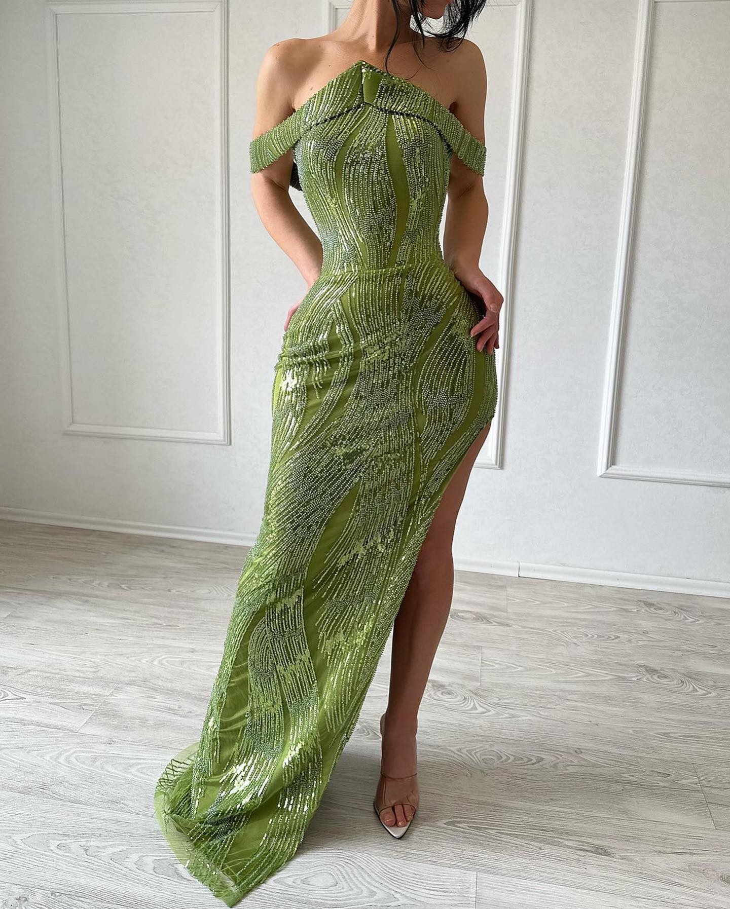 Stunning Mermaid Sleeveless Satin Sequined Split Lime Green Prom Dress - Fashionpara