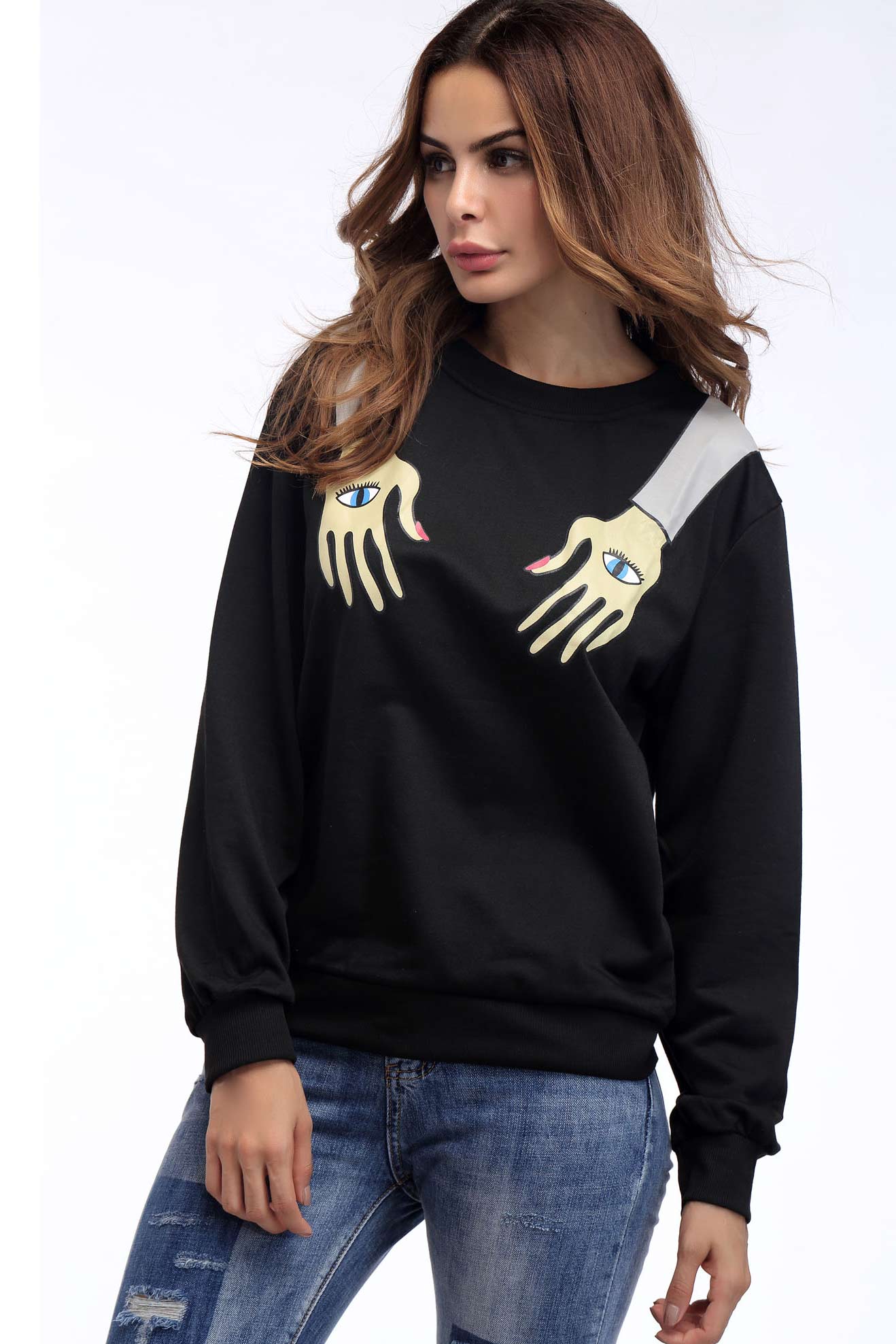 Black Arm Print Pullover Sweatshirt