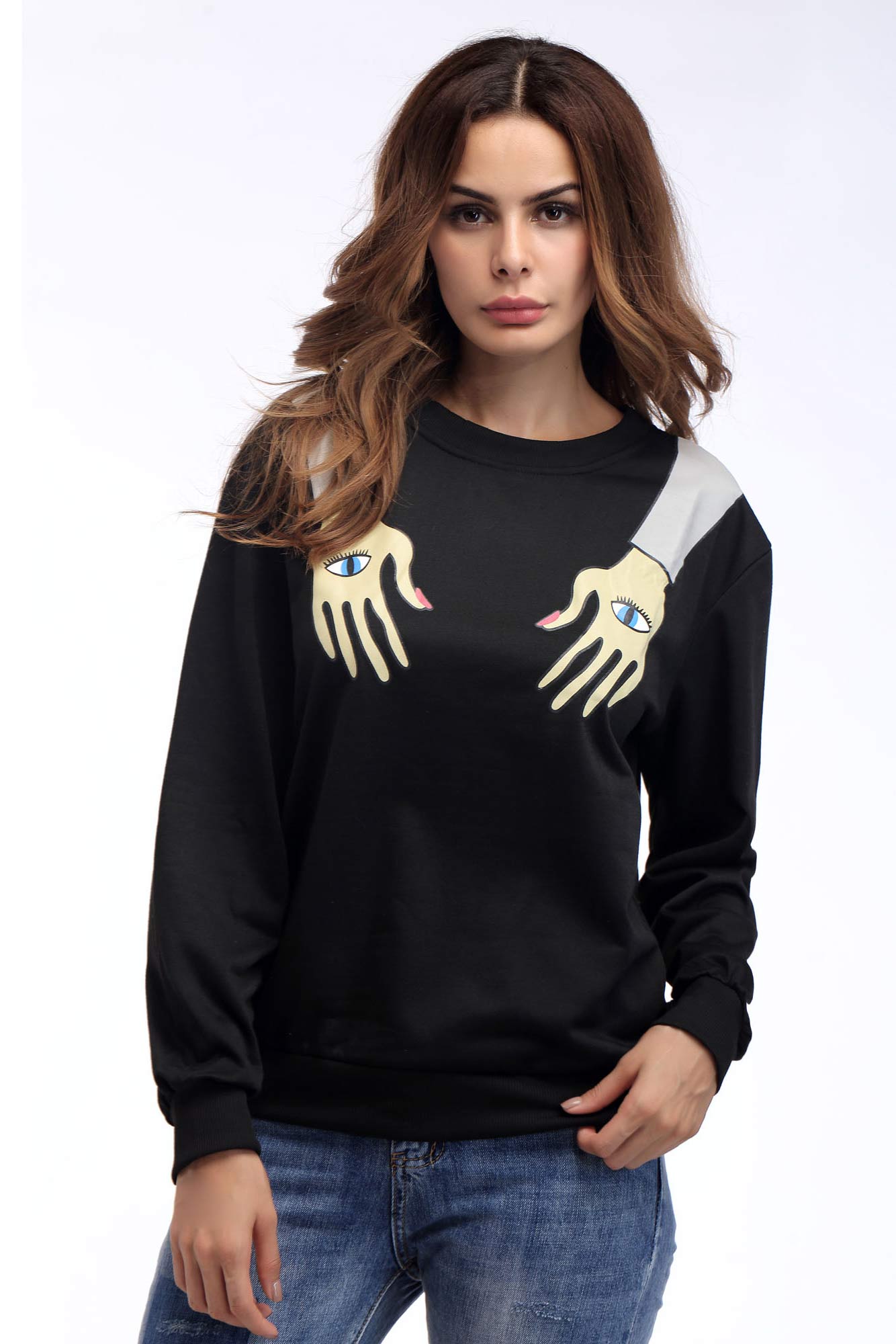 Black Arm Print Pullover Sweatshirt - Mislish