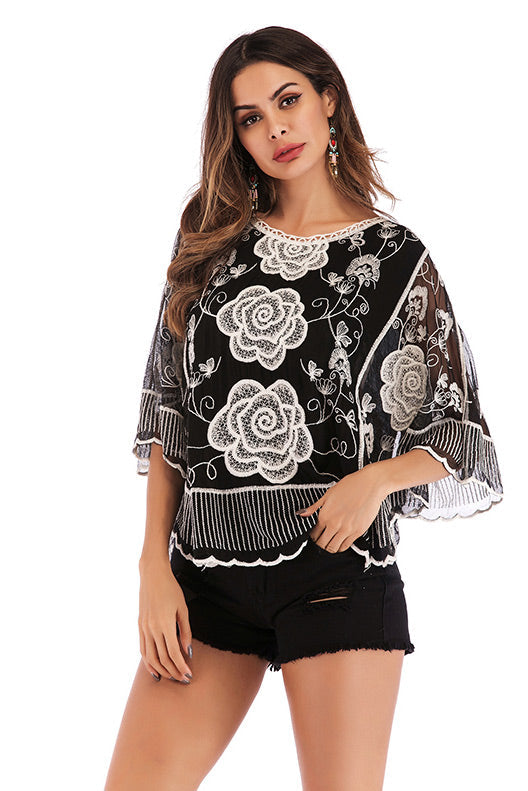 Black Embroidered Lace Chiffon Blouse - Mislish