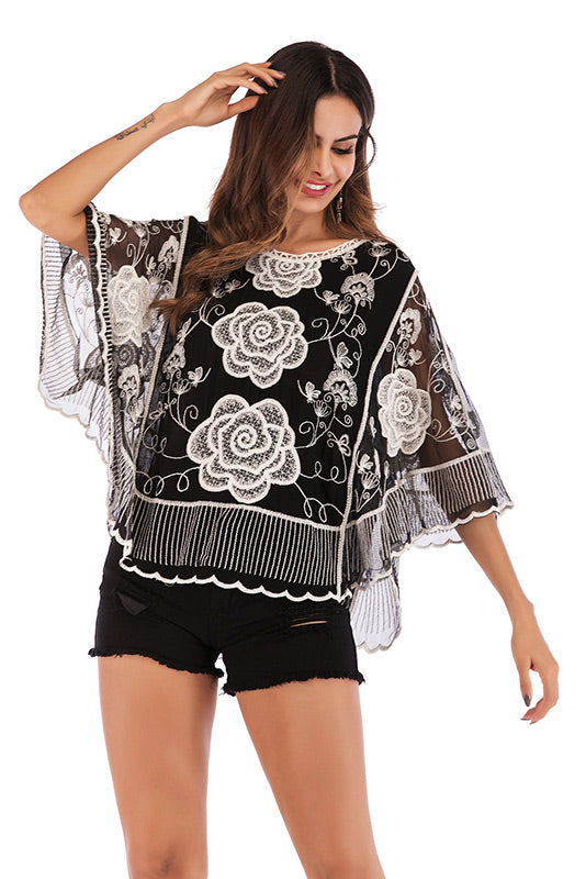 Black Embroidered Lace Chiffon Blouse