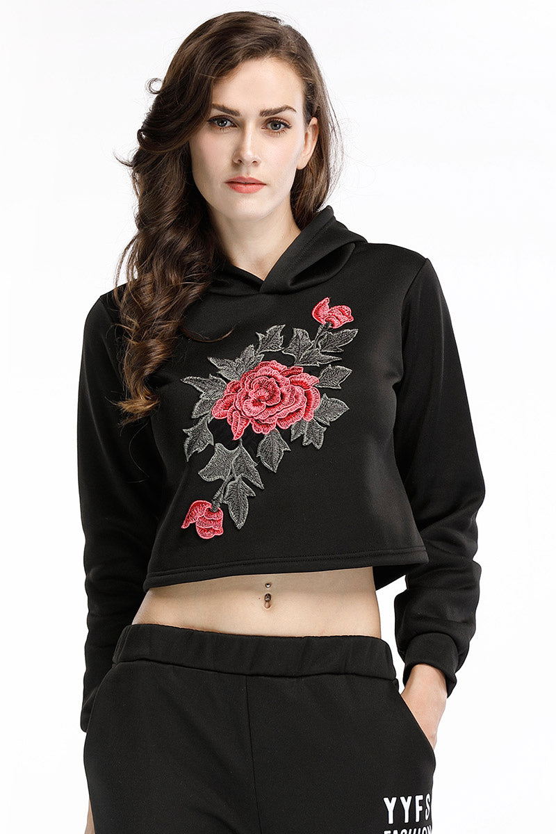 Black Flower Embroidered Crop Sweatshirt - Mislish