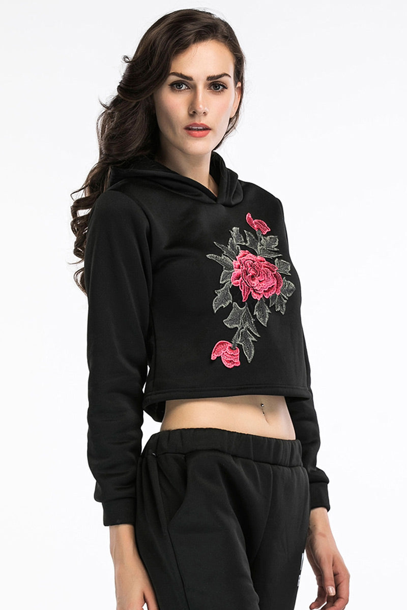 Black Flower Embroidered Crop Sweatshirt