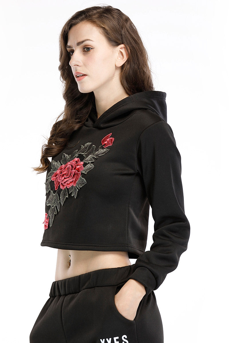 Black Flower Embroidered Crop Sweatshirt