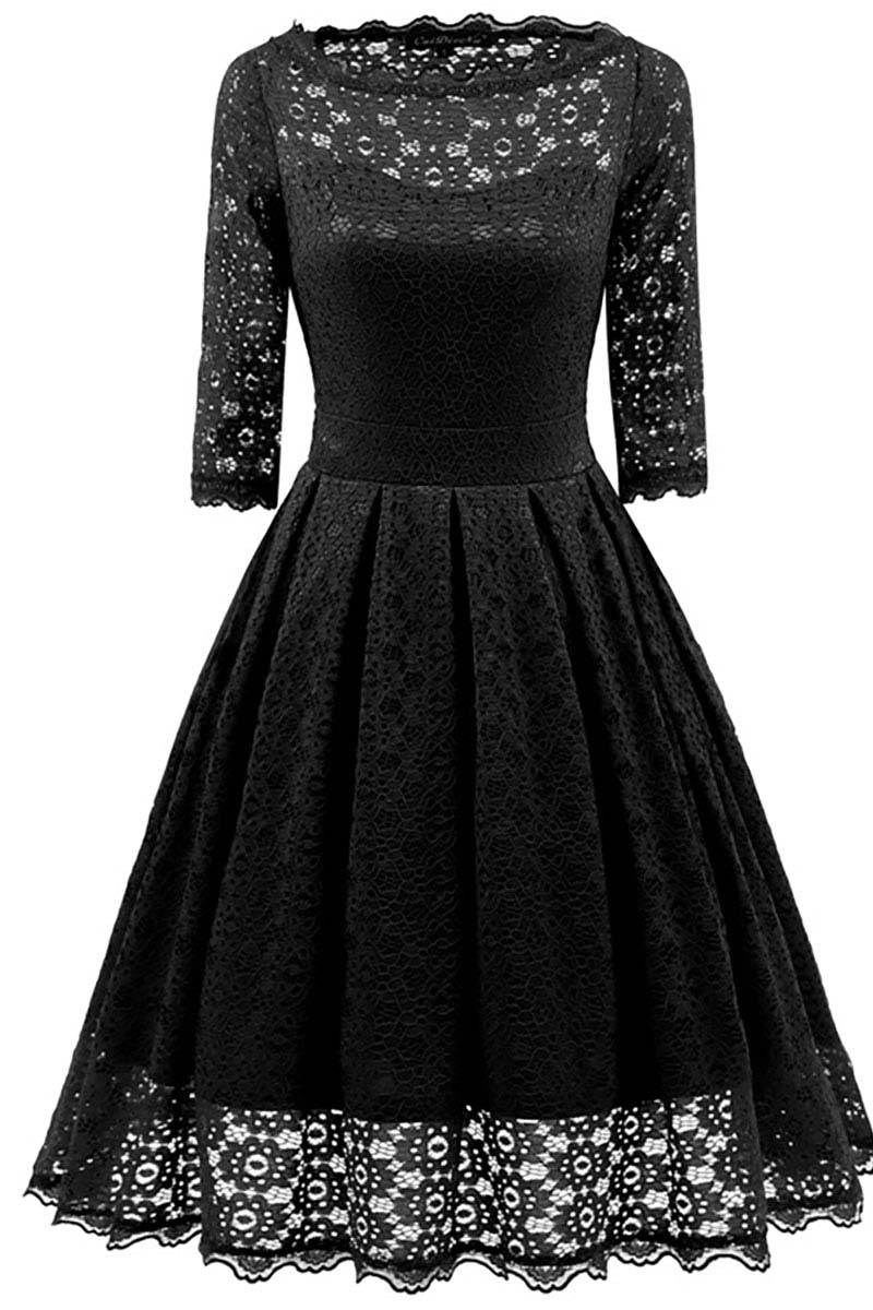 Black Lace A-line Prom Dress With Sleeves - Mislish