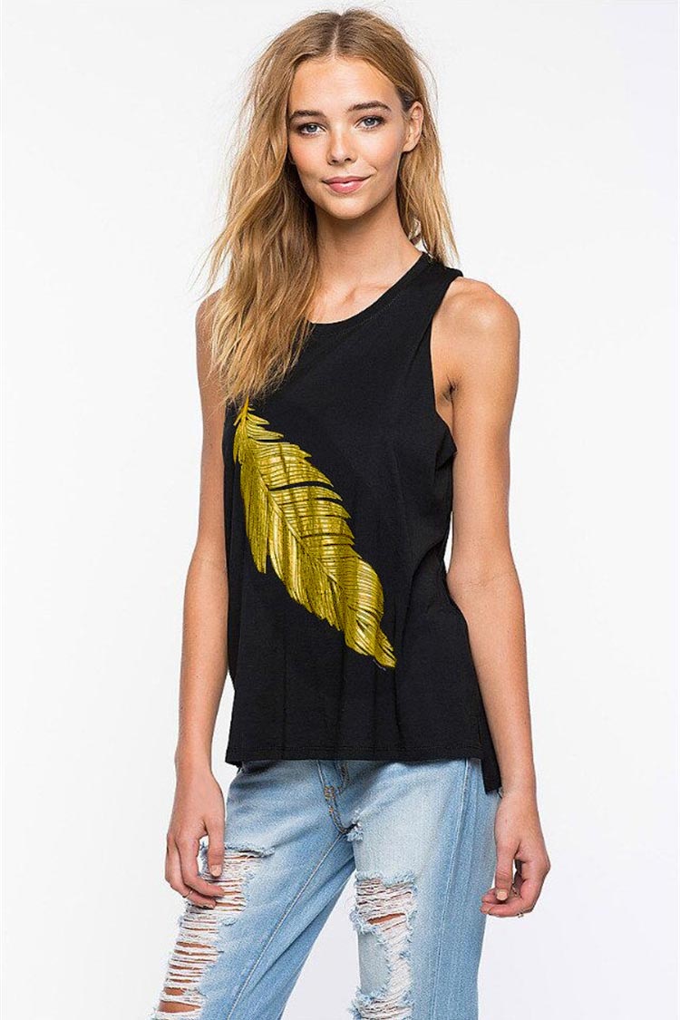 Black Leafy Print Tank Top