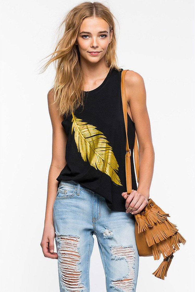 Black Leafy Print Tank Top - Mislish