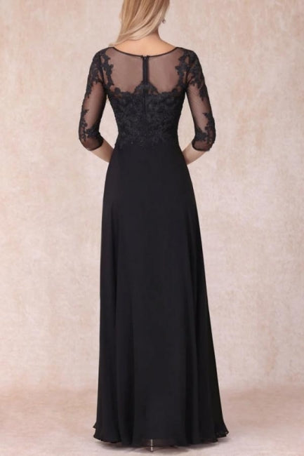 Black Long A-line V-neck Lacy Chiffon Dress with Sleeves for the Elegant Mother of the Bride - Fashionpara