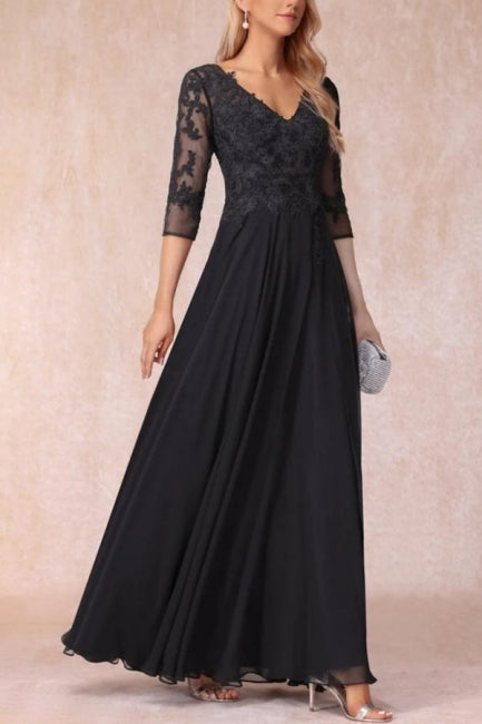 Black Long A-line V-neck Lacy Chiffon Dress with Sleeves for the Elegant Mother of the Bride - Fashionpara