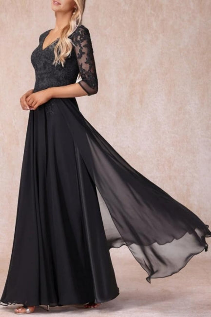 Black Long A-line V-neck Lacy Chiffon Dress with Sleeves for the Elegant Mother of the Bride - Fashionpara