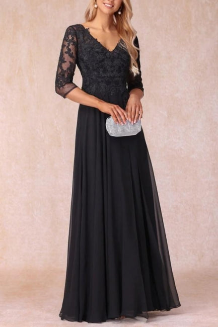 Black Long A-line V-neck Lacy Chiffon Dress with Sleeves for the Elegant Mother of the Bride - Fashionpara