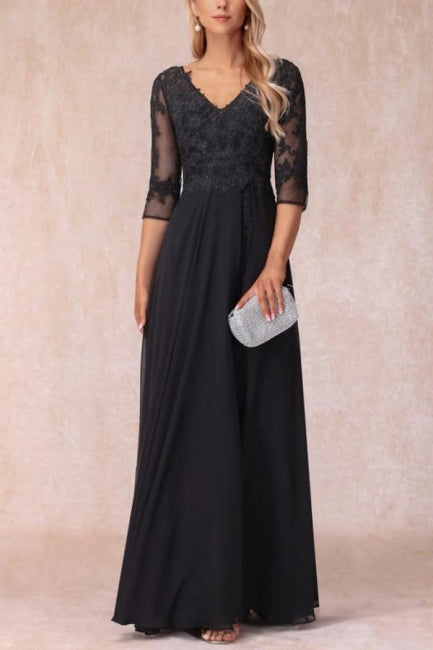 Black Long A-line V-neck Lacy Chiffon Dress with Sleeves for the Elegant Mother of the Bride - Fashionpara