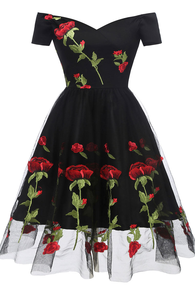 Black Off-the-shoulder Rose Embroidered A-line Prom Dress