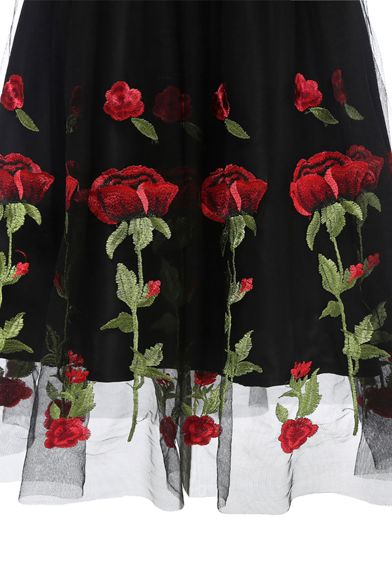 Black Off-the-shoulder Rose Embroidered A-line Prom Dress