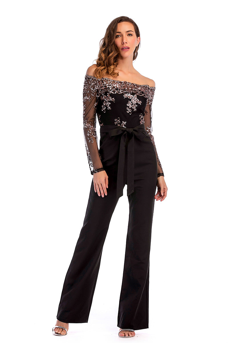 Black Off-the shoulder Sequined Empire Jumpsuit With Belt - Mislish