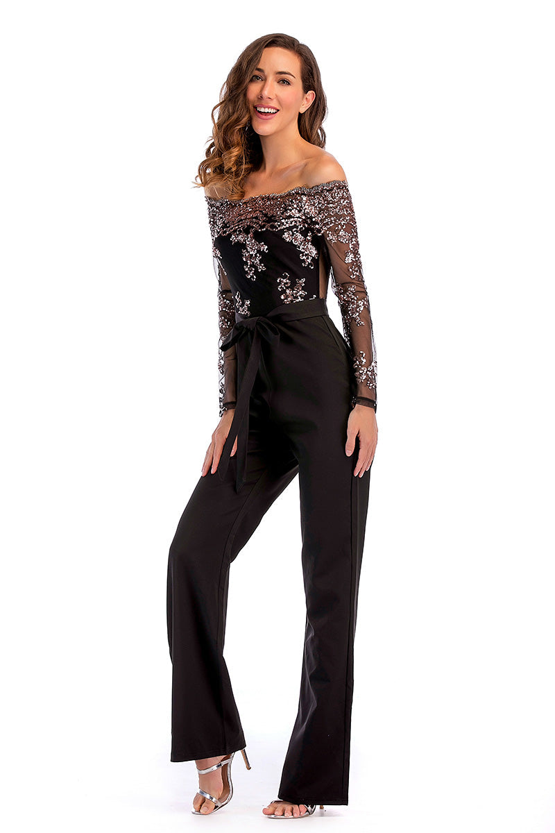 Black Off-the shoulder Sequined Empire Jumpsuit With Belt