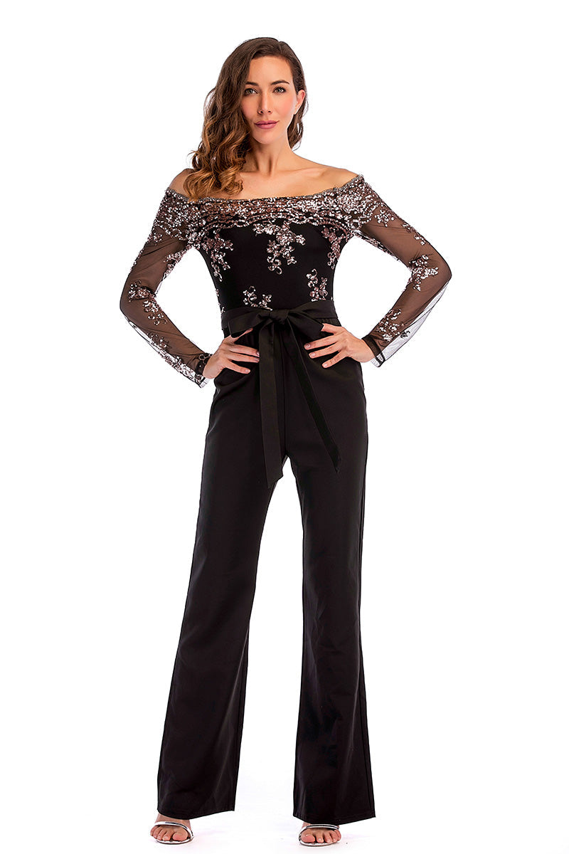 Black Off-the shoulder Sequined Empire Jumpsuit With Belt