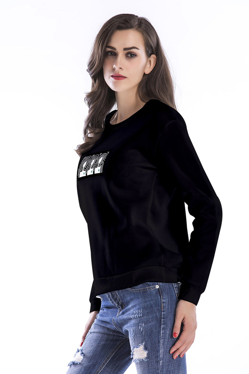 Black Print Round Neck Sweatshirt