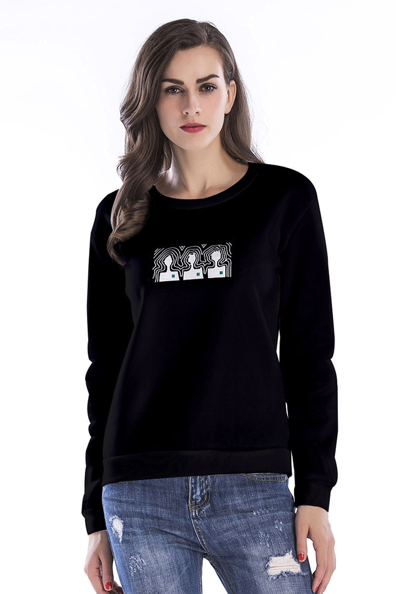 Black Print Round Neck Sweatshirt - Mislish