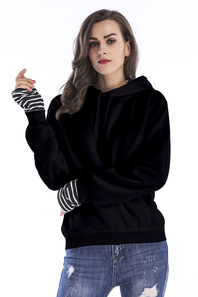 Black Striped Panel Drawstring  Pullover Sweatshirt - Mislish