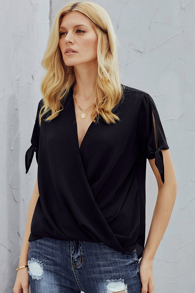 Black V Neck Knot Cuff Blouse