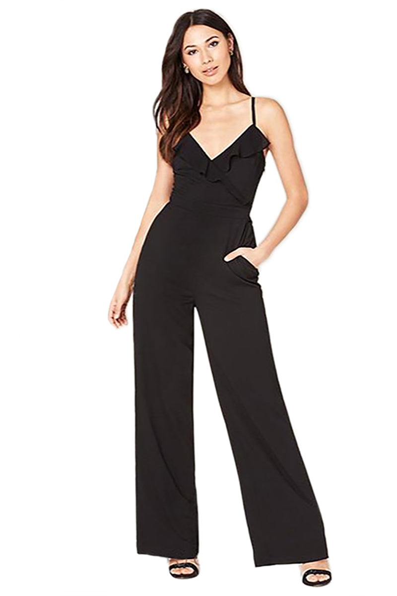 Black V-neck Ruffled Empire Waist Jumpsuit - Mislish