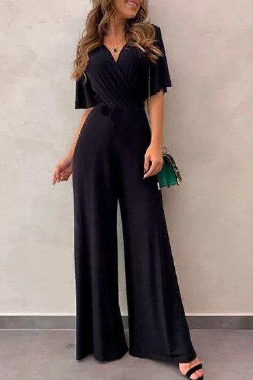 Black Short Sleeves V-neck Jumpsuit