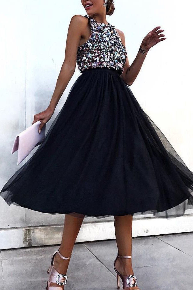 Black Sleeveless A-Line Tulle Midi Dress