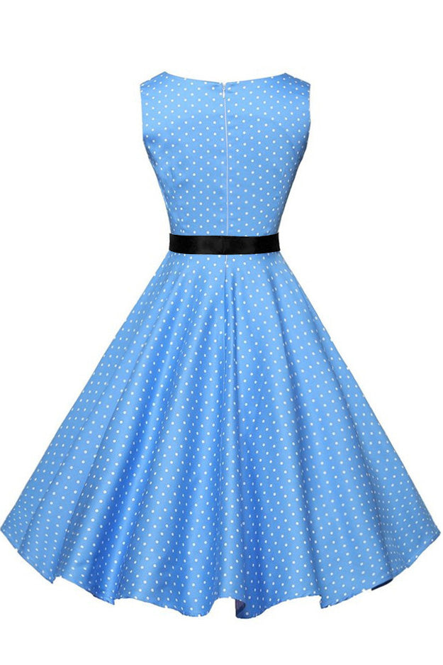 Blue Polka Knot Sleeveless Belted Dress