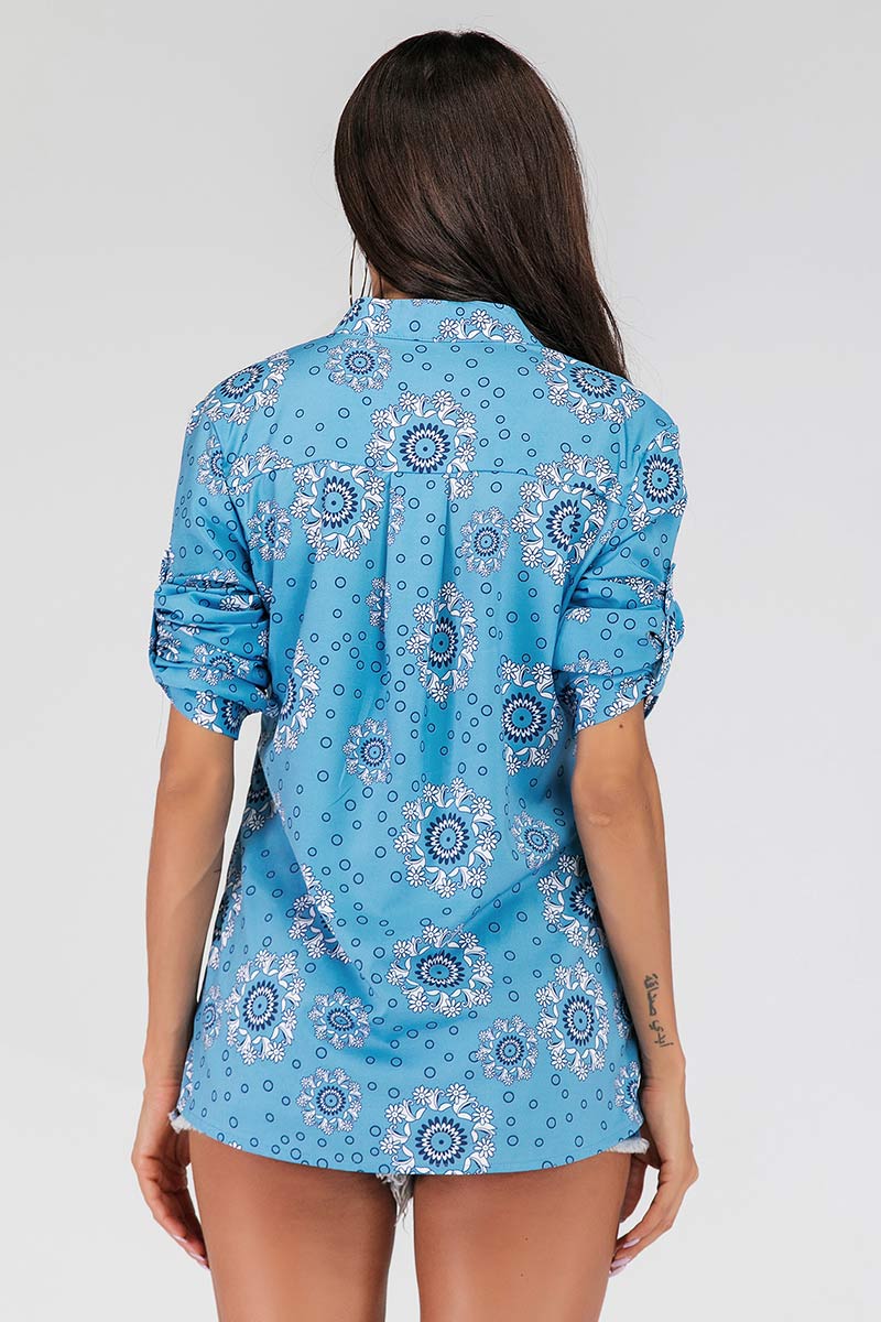 Blue Printed V-neck Buttoned Blouse