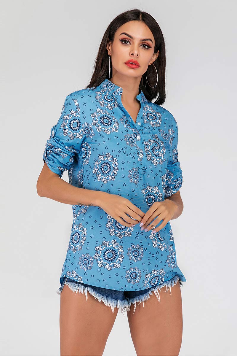 Blue Printed V-neck Buttoned Blouse - Mislish