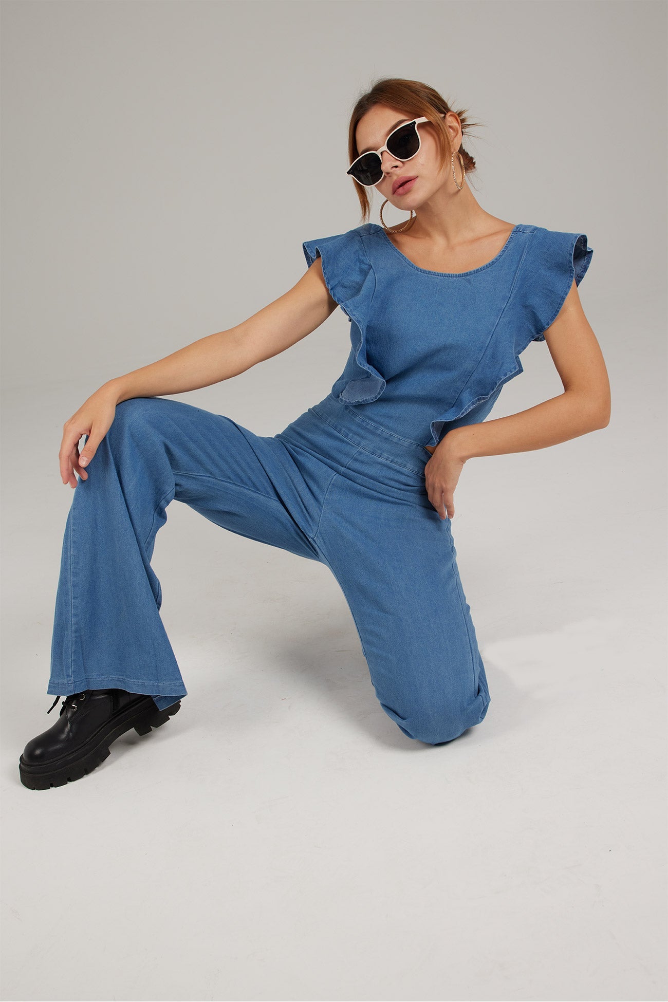 Blue Ruffled Cutout Jumpsuits