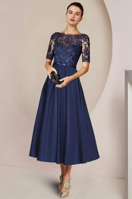 Stylish Blue Short A-line Lacy Dress with Sleeves for the Mother of the Bride - Fashionpara