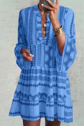 Blue Print Boho Long Sleeve Short Dress