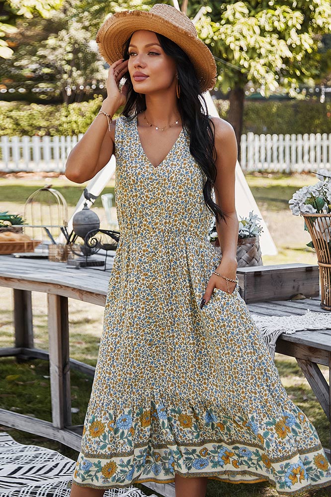 Bohemian V-Neck Printed Gathered Waist Midi Dress