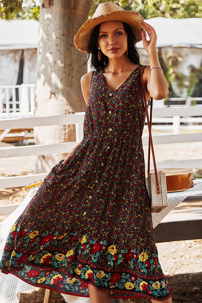 Bohemian V-Neck Printed Gathered Waist Midi Dress