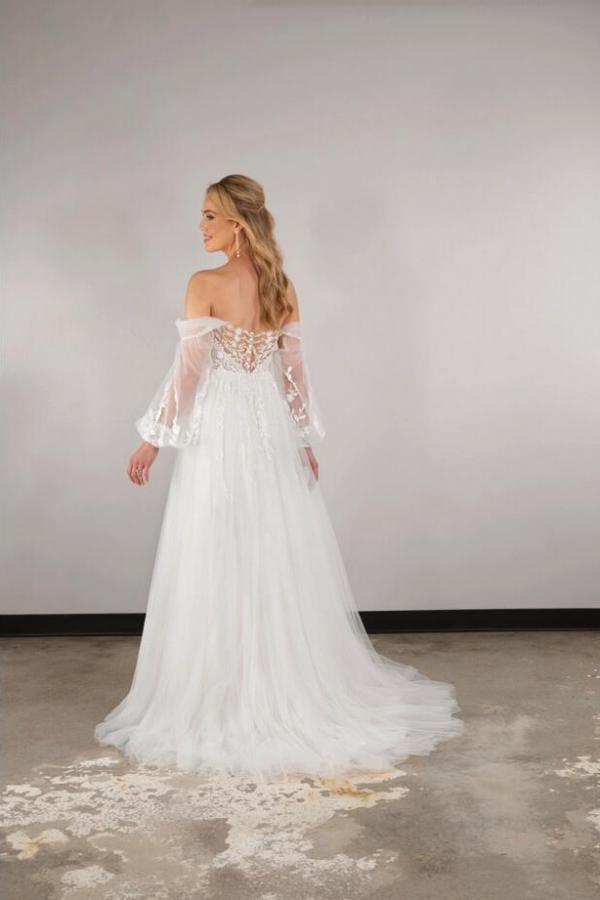 Boho Long White A-line Off-the-shoulder Lace Wedding Dress with Long Sleeves