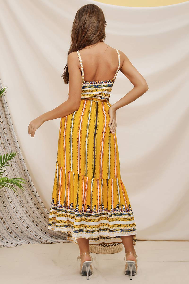 Boho Printed Lace-up Slit Spaghetti Straps Dress