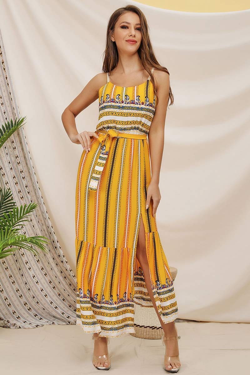 Boho Printed Lace-up Slit Spaghetti Straps Dress - Mislish