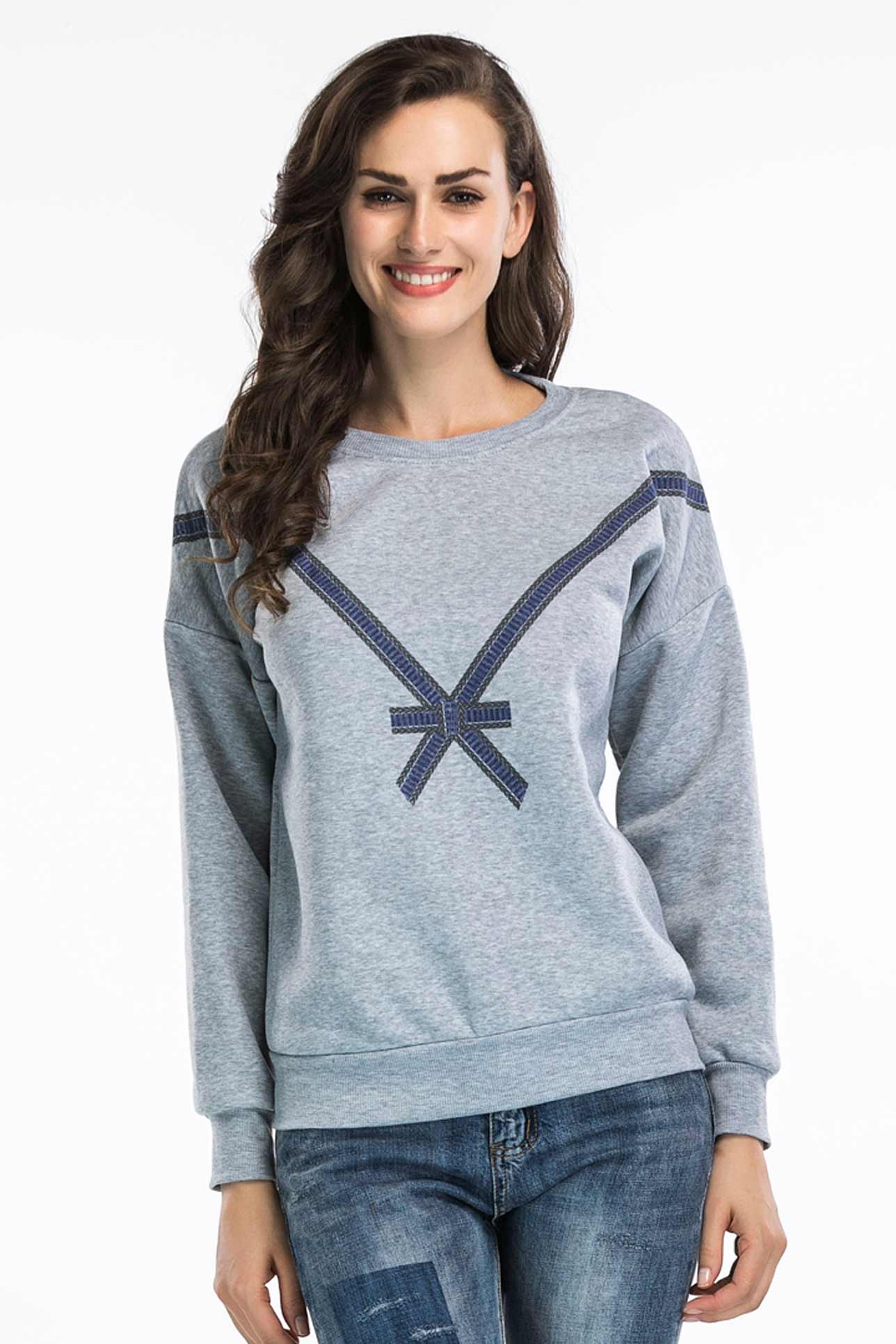 Bowknot Print Sweatshirt With Long Sleeves - Mislish