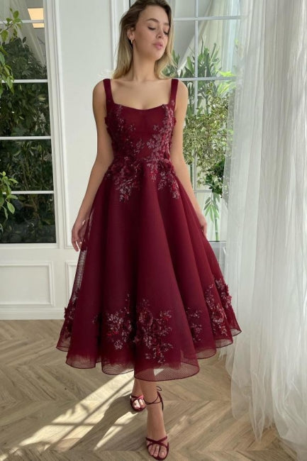 Glamorous A-Line Burgundy square neck Ankle length Homecoming Dress