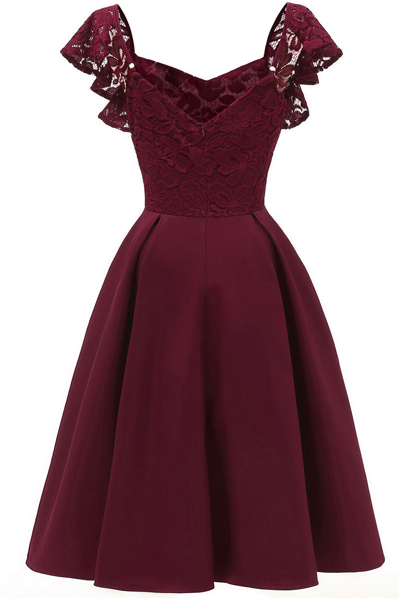 Burgundy Cap Sleeves Satin Homecoming Dress